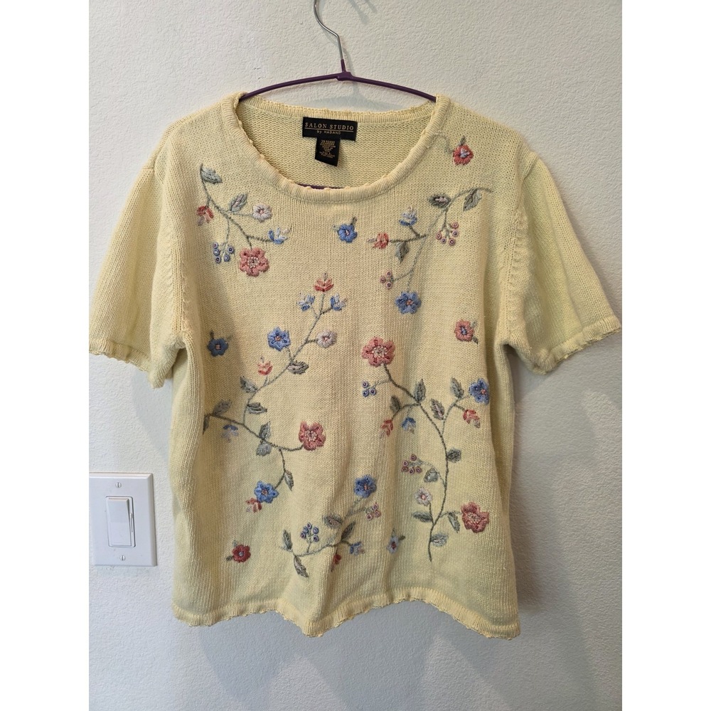 VTG Haband Embroidered Sweater Sz L Butter Yellow CottonRamie Floral Cottagecore